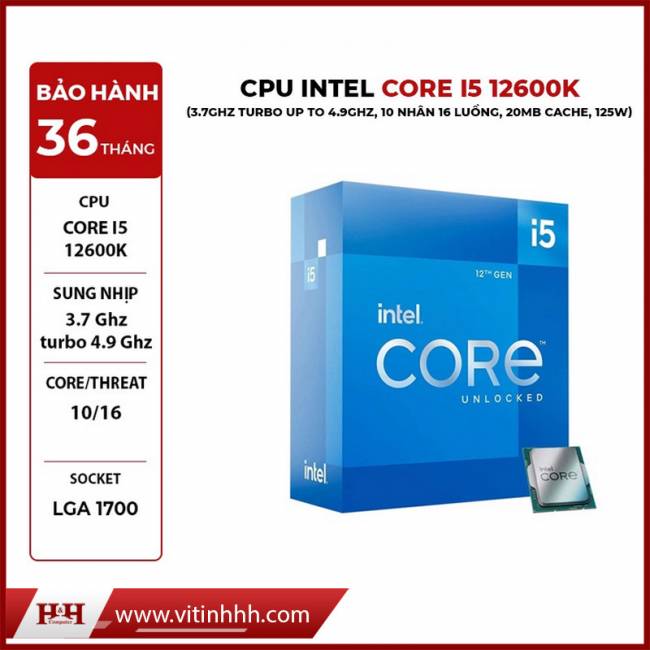 CPU Intel Core i5 12600K (3.7GHz turbo up to 4.9Ghz, 10 nhân 16 luồng, 20MB Cache, 125W) 12th