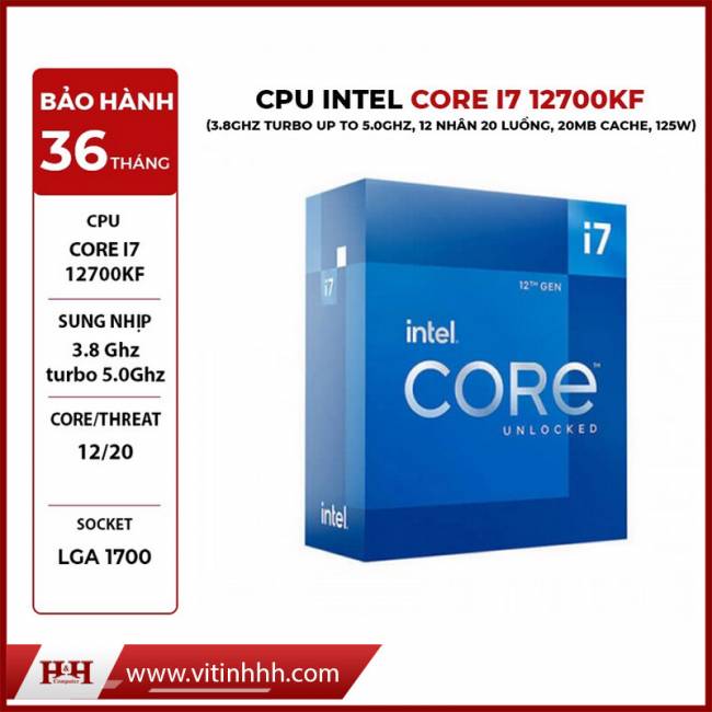 CPU Intel Core i7 12700KF (3.8GHz turbo up to 5.0Ghz, 12 nhân 20 luồng, 20MB Cache, 125W) 12th